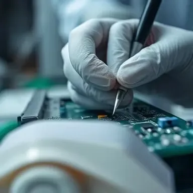 تعمیر تجهیزات بیمارستانی: نمای نزدیک از لحیم‌کاری دقیق روی مدار چاپی (PCB) توسط دستکش‌های سفید.