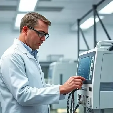 تعمیر تخصصی دستگاه نوار قلب (ECG): تکنسین متخصص در حال بررسی و عیب‌یابی پیشرفته یک دستگاه مانیتورینگ ECG در آزمایشگاه. 