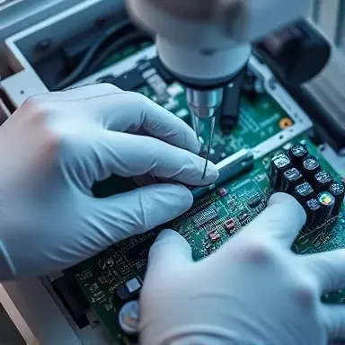 تعمیر دستگاه نوار قلب (ECG) بصورت تخصصی: دستکش پزشکی در حال کار با میکروسکوپ و لحیم‌کاری دقیق روی برد الکترونیکی دستگاه ECG