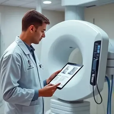 تعمیر تجهیزات بیمارستانی: مهندس با تبلت در کنار دستگاه تصویربرداری بزرگ (CT/MRI) در حال بررسی داده‌ها.