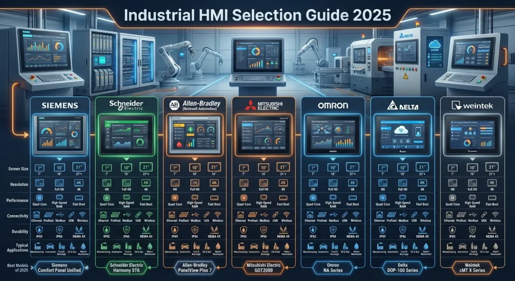 راهنمای انتخاب HMI صنعتی - مقایسه برندها + بهترین مدل‌ها 2025