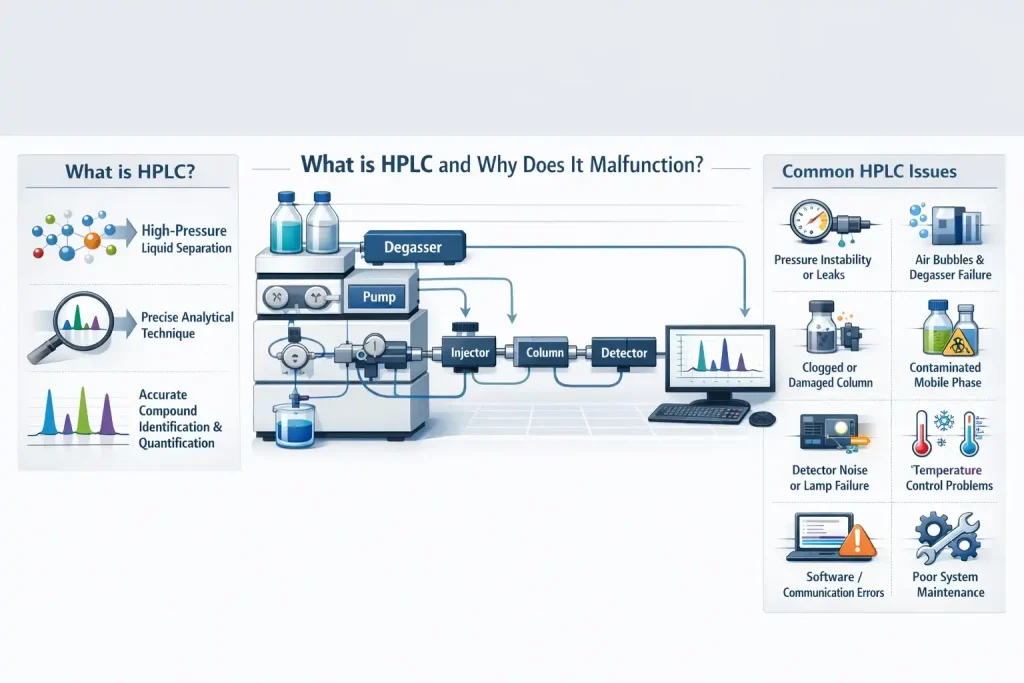 عیب‌یابی HPLC در 30 دقیقه | 12 خطای رایج + راه‌حل عملی تعمیر [2026]