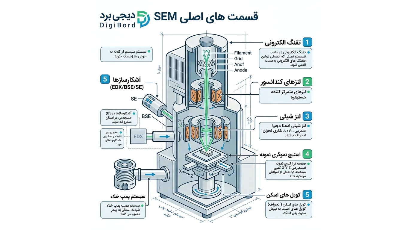معماری و اجزای اصلی دستگاه SEM (نقاط حساس برای تعمیر)
